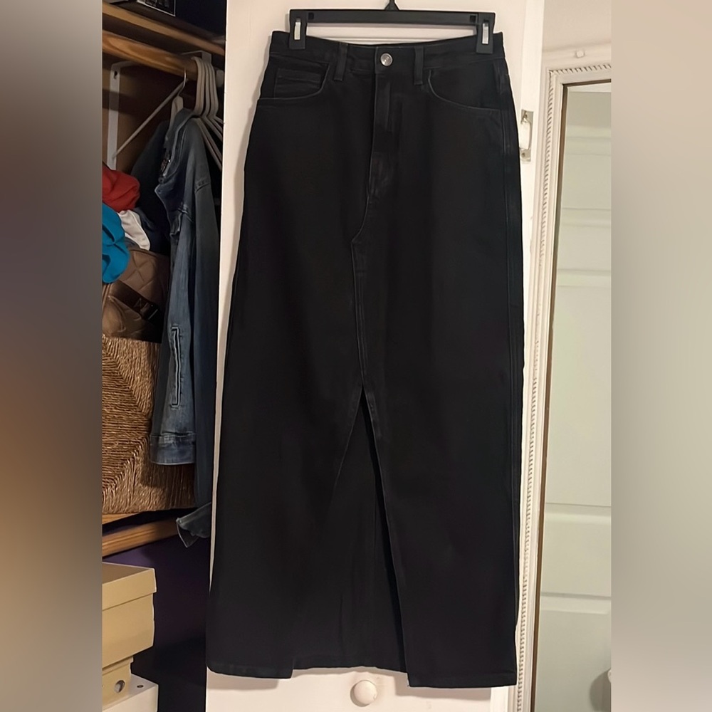 Mango front slit black denim maxi skirt